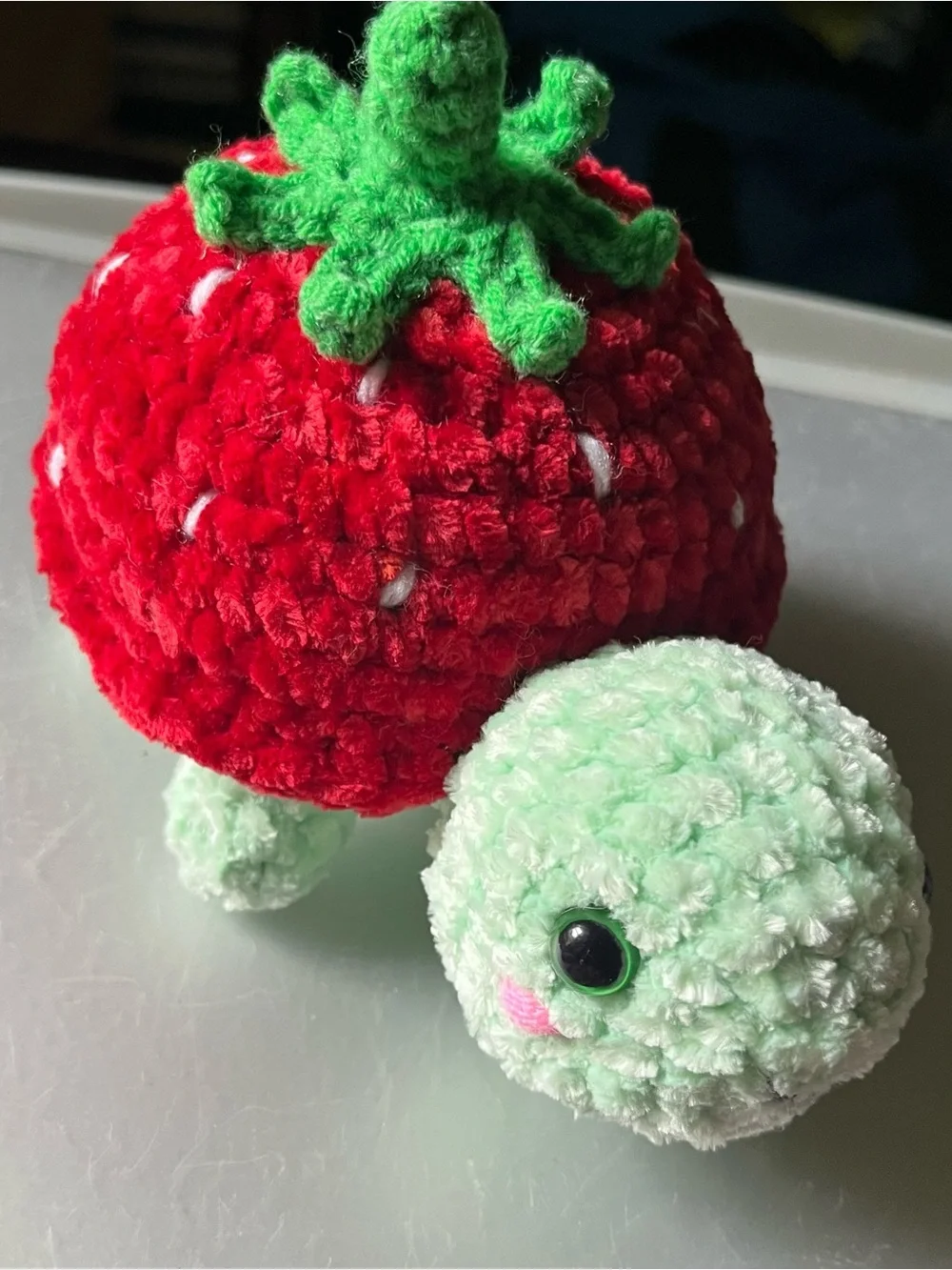 Plush Strawberry Turtle Soft Toy - Red & Mint 6.5” Chinelle yarn